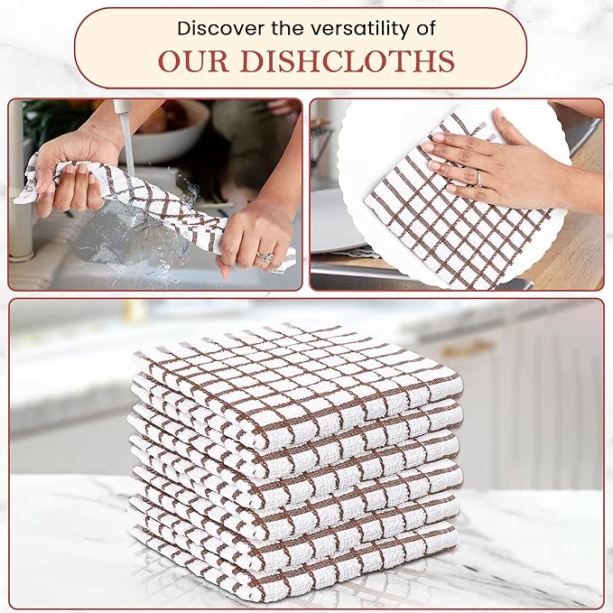 Vintage Vista 100% Cotton Dish Cloths (Pack of 6) - Dish Rags for Washing Dishes - Reusable & Highly Absorbent Kitchen Towels - Kitchen Rags fo Easter - (12" x 12" - Natural Brown Checkered)