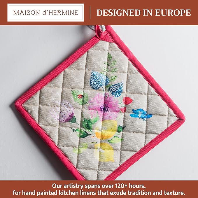 Maison d' Hermine Pot Holders 100% Cotton Heat Resistant Potholders 8" x 8" Hot Pads with Loop BBQ Baking Gifts for Mothers Day Handling Hot Pans Spring/Summer (Pack of 1, Jardin D'Ete - Fog)