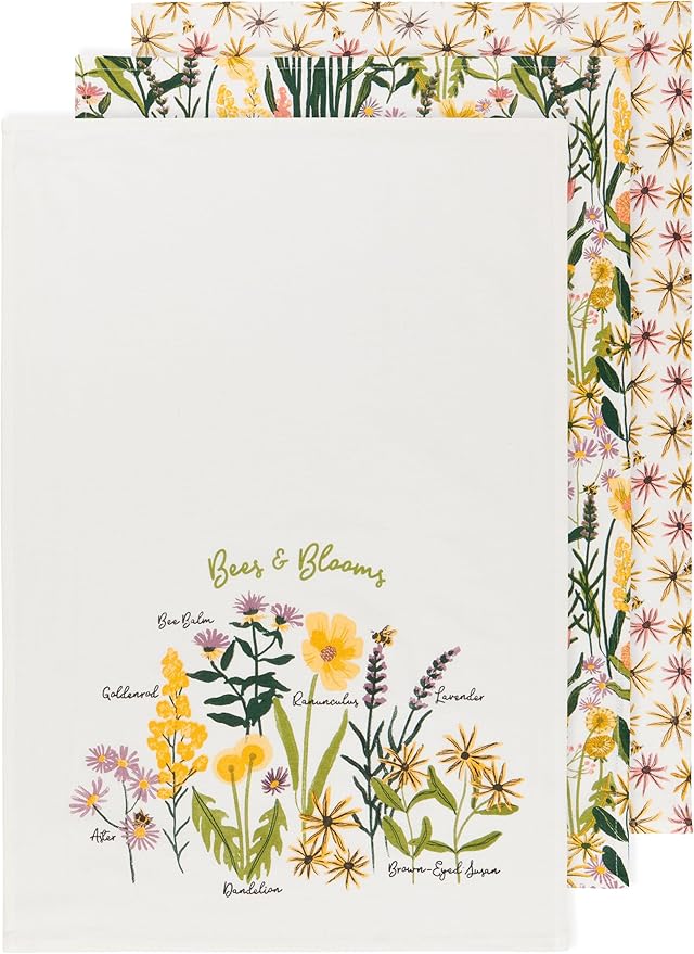 Now Designs Bees & Blooms Bakers Floursack Cotton Dishtowels, Set of 3