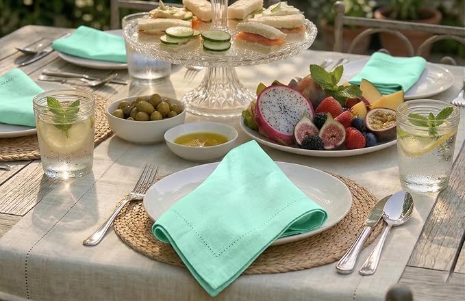 Palisa Mist Green Cotton Napkins Set of 12 | Premium Hemstitch Detailing Cloth Dinner Napkins 18x18 Inch | Soft Washable & Reusable Table Napkins for Everyday Use Weddings Restaurants & Hotels