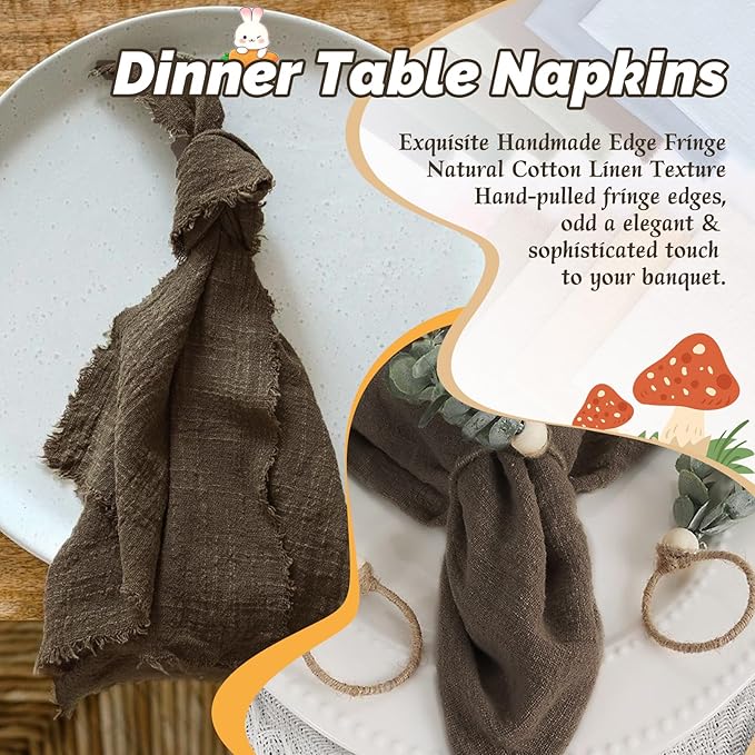 Showgeous 10 Pack Brown Cloth Napkins with Fringe 16x16 inch 100% Cotton Brown Napkins Handmade Dinner Napkins Bulk Washable Soft Rustic Table Napkins for Wedding Parties Bridal Baby Shower