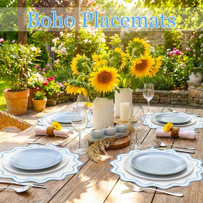 Set of 12 Cotton Linen Placemats, 15x15 Scalloped Flower Embroidery Cloth Table Mats Double Layered Fabric Washable Wrinkle Free Dining Placemat for Restaurant Kitchen Decor(White with Blue)