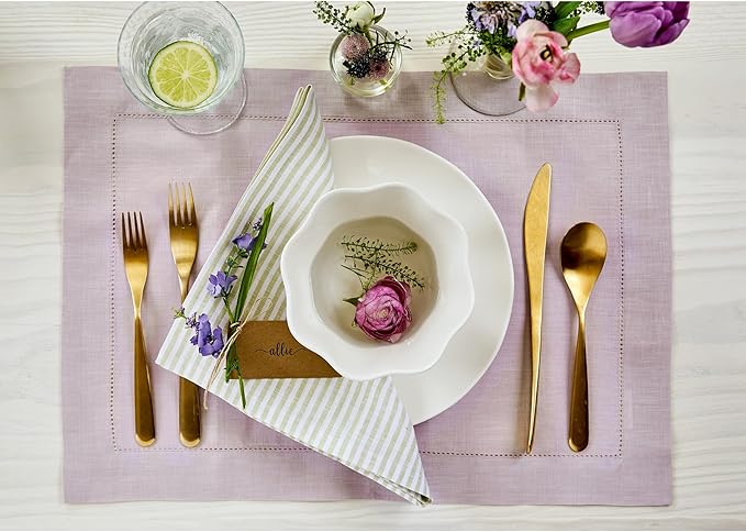 Solino Home Linen Placemats Set of 4 - Classic Hemstitch Lilac Placemats 14 x 19 Inch - 100% Pure Linen Table Mats for Mothers Day, Spring, Summer