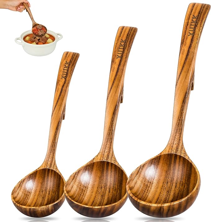 Wooden Ladle for Soup, Set of 3 Natural Teak Wood Ladle with Back Hooks, Wooden Soup Ladle for Cooking, Serving and Stirring | Comfortable Grip, Heat-Resistant &Non-Stick Teak Wooden Utensil Set