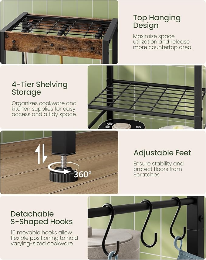 CHOEZON 5-Tier Pot Rack, Floorstanding Pots and Pans Organizer, Kitchen Bakers Rack, Kitchen Island Table, Pots and Pans Organizer, Storage Stand, for Living Room, Rustic Brown and Black TPR16BF