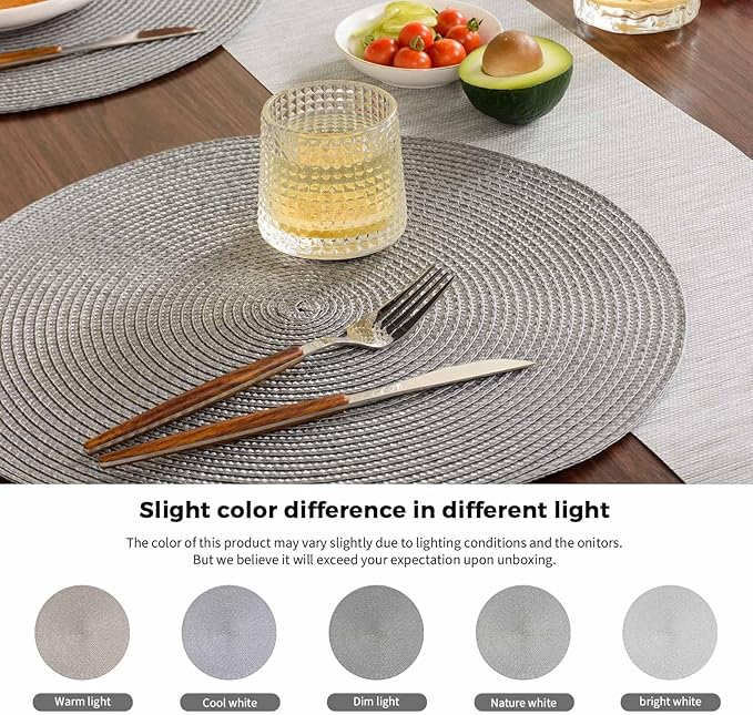 FunWheat Round Braided Placemats Set of 6 Table Mats for Dining Tables Woven Washable Non-Slip Place mats 15 inch(Grey, 6pcs)