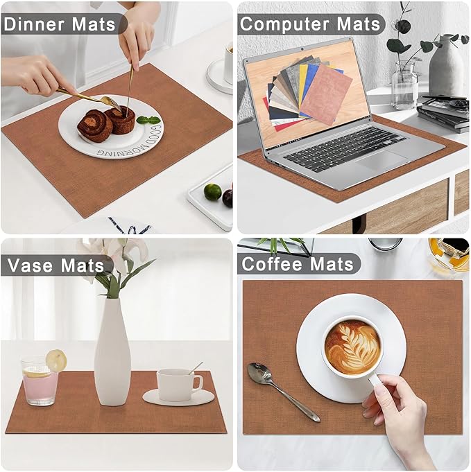 Homaxy Faux Leather Heat Resistant Placemats for Dining Table Set of 8, Waterproof Wipeable Washable PU Table Mats, Easy to Clean Anti-Slip Place Mats, 11.8 x 17 Inch, Brown