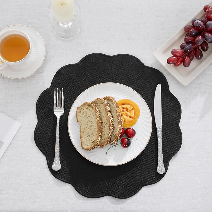 SHACOS Scalloped Round Placemats Set of 6 Polyester Linen Blend 15 inch Washable Non Slip Place Mats Easy Clean Heat Resistant Table Mats for Kitchen Dining Table Decor, Black