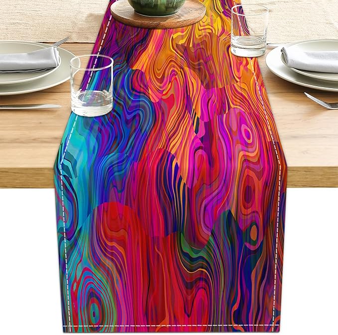 Abstract Table Runner 13x71 Inch Colorful Chaotic Waves Table Runners Table Decorations Rustic Coffee Table Runner for Home Kitchen Dining Room Party (Red & Purple71)