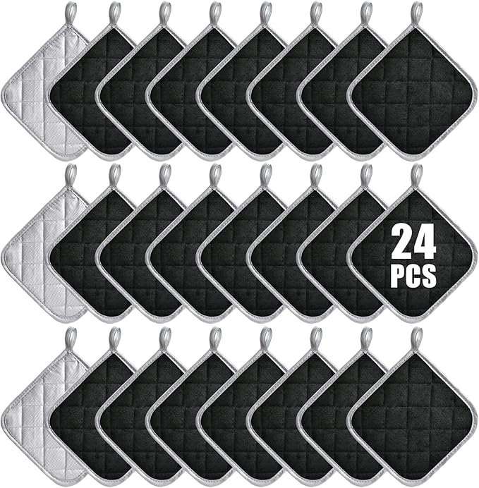 24 Pcs Pot Holders Bulk for Kitchen Heat Resistant, 7X 7Inch Cotton Potholders with Hanging Loops Square Hot Pads Oven Pot Holder Trivet for Cooking Baking（Black