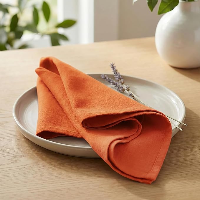 PurpleEssences Set of 12 Cloth Dinner Napkins 100% Cotton 18x18 Inch - Soft Durable Washable - Ideal for Farmhouse Party Spring Easter Summer - Perfect Everyday Use Table Linen - Orange