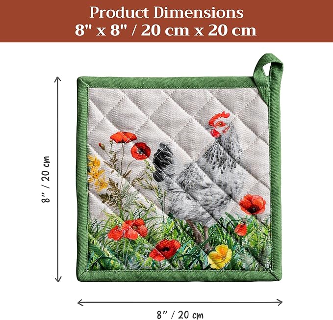 Maison d' Hermine Pot Holders 100% Cotton Heat Resistant Potholders 8" x 8" Hot Pads with Loop BBQ Cooking Baking Gifts for Mothers Day Handling Hot Pans Spring/Summer (Pack of 1, Basse Cour)