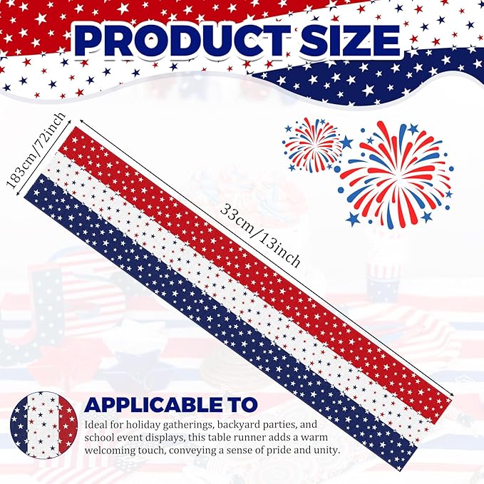 72 x 13 Inches Patriotic Table Runner, Red White and Blue Star Print American Flag Runner for 4th of July, Memorial Day, Veterans Day, and Independence Day Table Top Kitchen Decorations