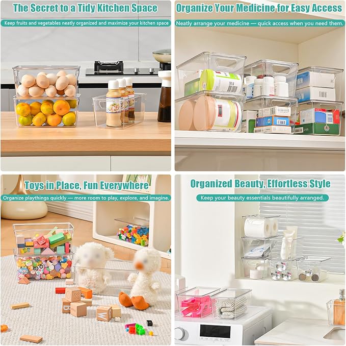 6 Pack Small Clear Storage Bins with Lids, Acrylic Arts and Craft Storage Containers, Stackable Clear Plastic Craft Storage Bins with Handles for Pantry Organizers and Storage, Kitchen, Fridge, Office