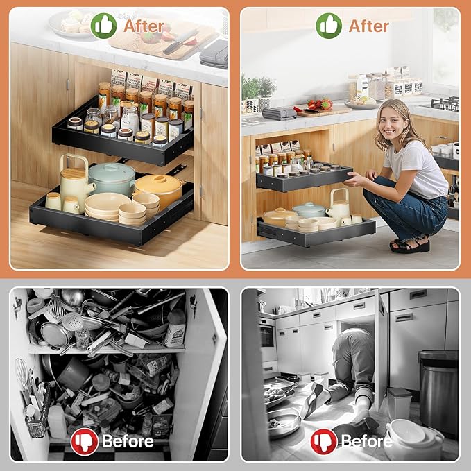 2 Pack Pull out Cabinet Organizer, Width (12"-19") Depth (17"-23"), with 3 Rails Adjustable Slide, Expandable Pullout Drawers for Cabinets, No Drill Adhesive Kitchen Drawers for Pantry Shelves