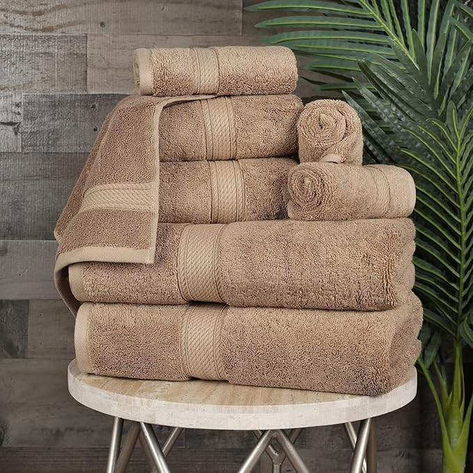 Superior Egyptian Cotton Pile 8 Piece Towel Set, Includes 2 Bath, 2 Hand, 4 Face Towels/ Washcloths, Ultra Soft Luxury Towels, Thick Plush Essentials, Guest Bath, Spa, Hotel Bathroom, Latte