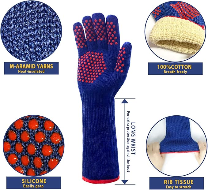 MIG4U BBQ Grill Gloves,Oven Gloves Extreme 500 Degrees Heat Resistant Grilling Gloves with Food Grade Non-Slip Silicone Dots for Cooking, Grilling, Baking, Smoker, Barbecue, Kitchen(15" Blue)