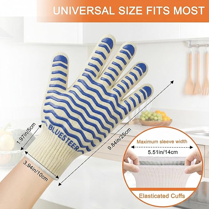 Oven Gloves 932°F Heat Resistant Oven Mitts with Fingers, Heat Proof BBQ Grill Gloves Silicone Grip Fireproof Gloves for Kitchen Cooking Grilling Baking