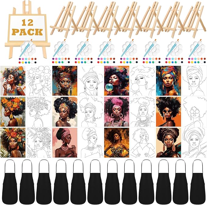 Motipuns 12 Set Pre Drawn Canvas for Painting for Adults Sip and Paint Kit with Easels 8 x 10 Inches Paint Party Kit with Printed Canvas Paints Brushes Palette Bag Apron(Afro Queen)