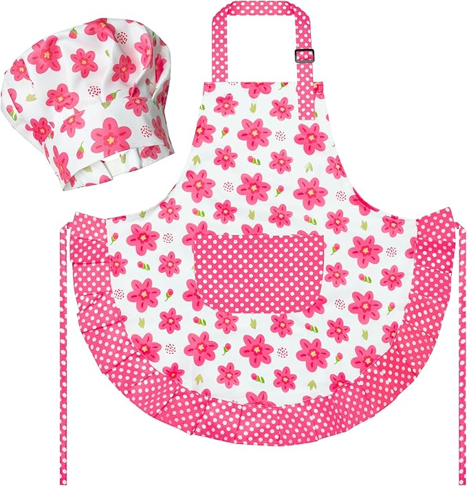 R HORSE Kid Apron and Chef Hat Set - 2Pcs Adjustable Children Pink Flower Kitchen Toddler Apron for Girls, Role Play Chef Toy Cooking Baking Painting and Training Kits Kid Funny Cooking Birthday Gift