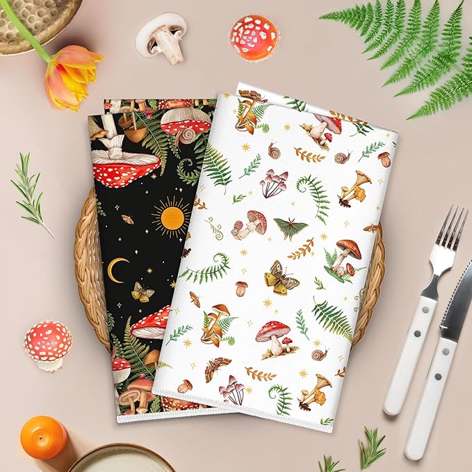 Boho Mushroom Microfiber Kitchen Towels, Soft Absorbent Hand Towel 15.7 × 23.6 Inch, Thick Dish Cloth for Party Anniversary Holiday Decoration, Housewarming Gifts for Mom