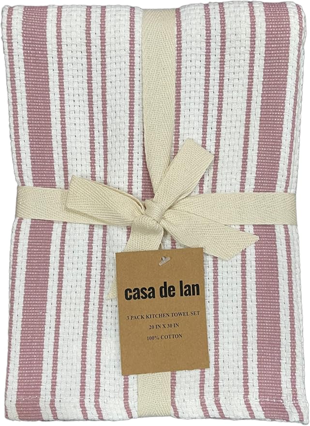 Kitchen Towels Set – Pack of 3 (20’’ x 30’’) Extra Large Premium Cotton Dish Towels for Kitchen – Basket Weave Towels – Absorbent – 100% Cotton – with Hanging Loop – Dark Pink