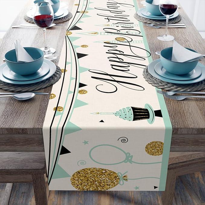 Happy Birthday Table Runner Cake Golden Balloon Pennant 13x72 Inch Polyester Linen Table Decoration for Kitchen Dinning, Indoor Outdoor Home Party Desktop Decor (Blue)