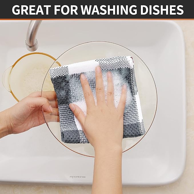 Homaxy 100% Cotton Waffle Weave Check Plaid Dish Cloths, 12 x 12 Inches, Super Soft and Absorbent Dish Towels Quick Drying Dish Rags, 6-Pack, White & Dark Grey