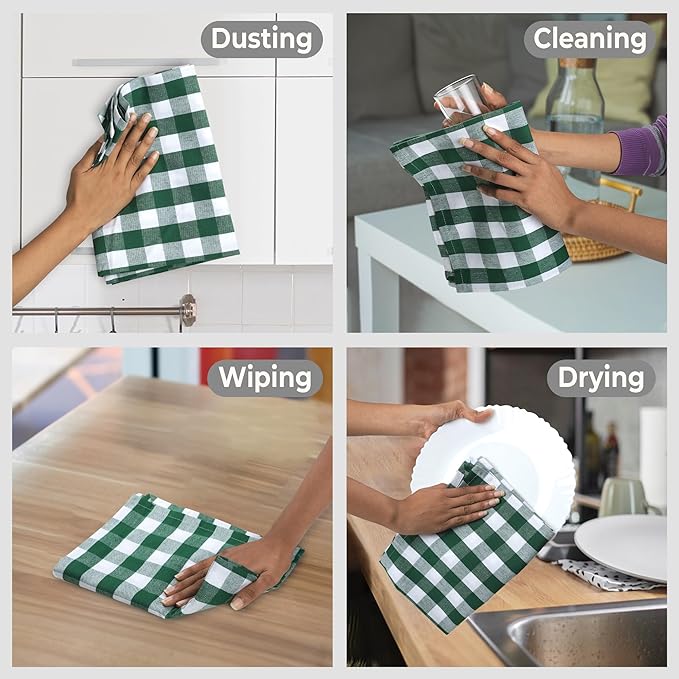 Urban Villa Kitchen Towels 100% Cotton Dish Towels for Kitchen (Set of 6) 20”x30” Dish Cloths Highly Absorbent Kitchen Linen Set with Hanging Loop Perfect for Drying Dishes Cleaning – Hunter/White