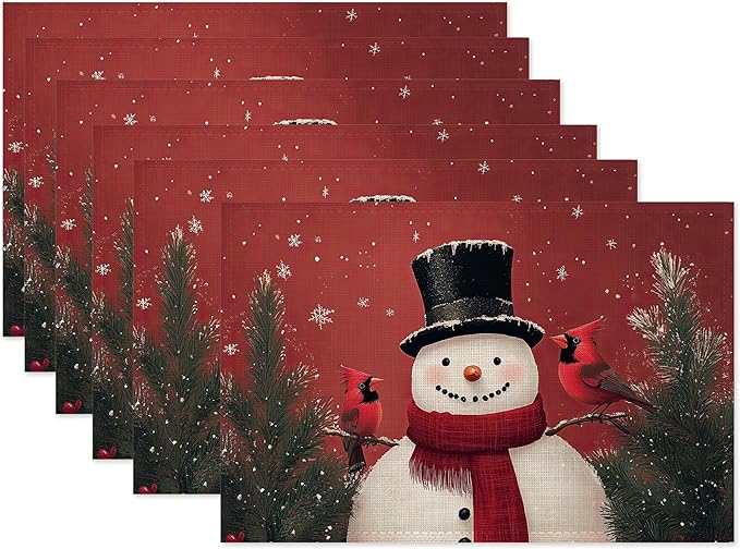 Christmas Snowman Placemats Set of 6,Cardinal Washable Kitchen Dining Linen Table Mats for Home Party Dinner Indoor Outdoor 12x18Inch