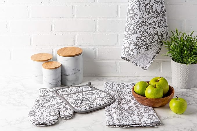 DII Quilted Kitchen Oven Mitt & Potholder Set, Hanging Loop for Convenient Storage, OM 6.5x12/PH 8x8.5, Gray Damask Print, 2 Piece
