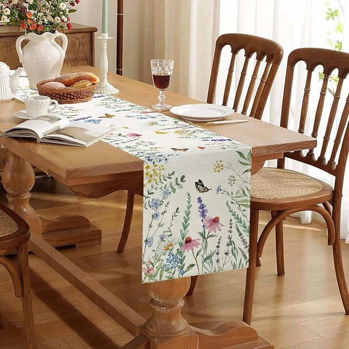 ONFAON Spring Decorations for Home,Daisy Eucalyptus Lavender Floral Leaves Summer Table Runner,Seasonal Spring Kitchen Dining Table Decoration for Home Party Decor 13x72 Inch