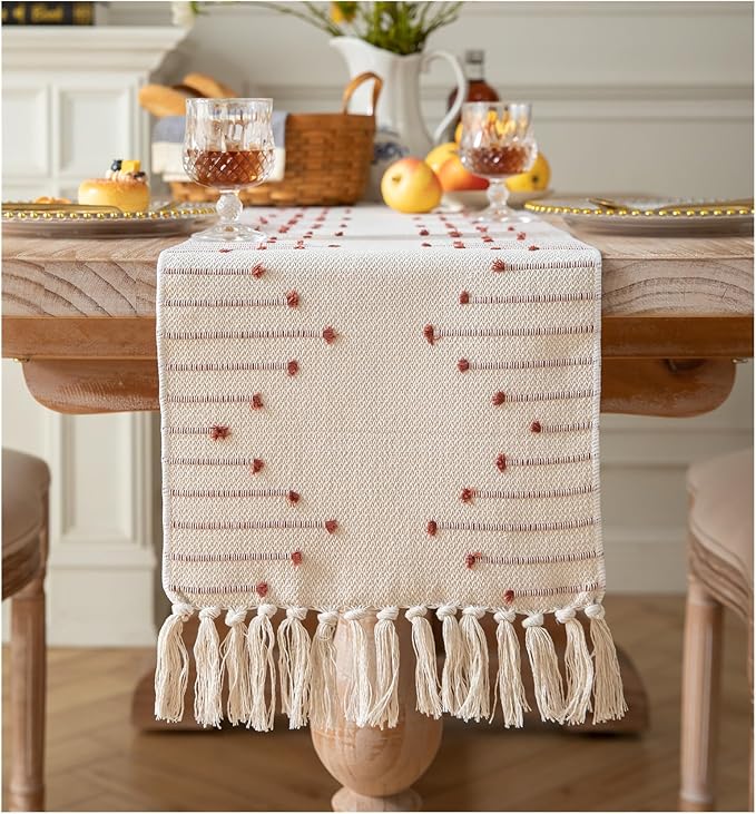 Boho Table Runner 13 x 72 Inch Long Natural Cotton Woven Runner with Tassels for Fall Home Dining Table décor, for Modern Farmhouse Decor Coffee Table Runner, Rust and Beige