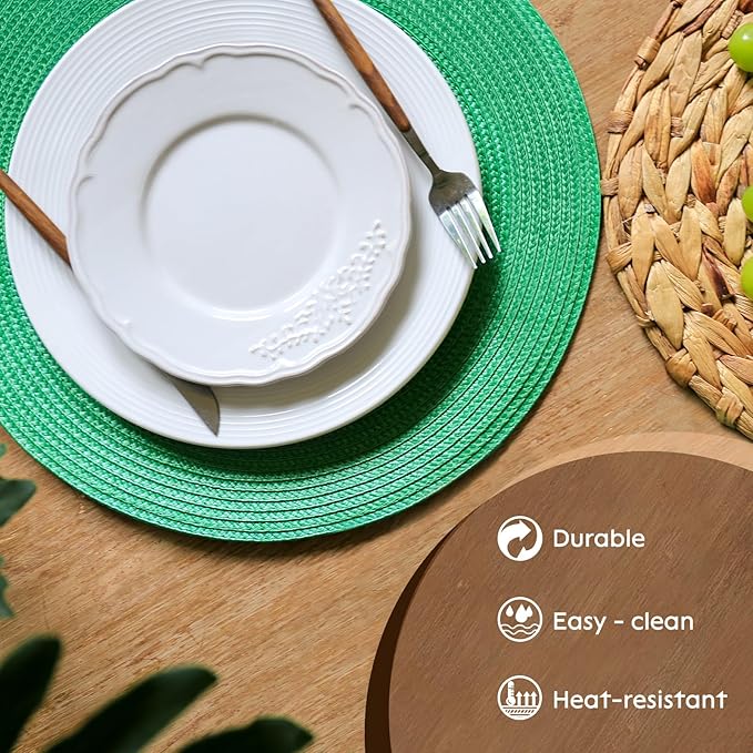 FunWheat Round Braided Placemats Set of 6 Table Mats for Dining Tables Woven Washable Non-Slip Place mats 15 inch(Holly Green, 6pcs)