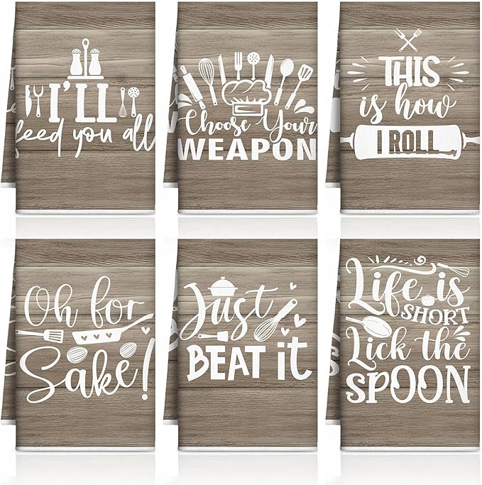 Bencailor 6 Pcs Wood Kitchen Towels Decorative Sets Dish Towels Absorbent Fast Drying Hand Tea Vintage Hanging Reusable Cleaning Dishcloths for Cooking Farmhouse Bathroom Accessory
