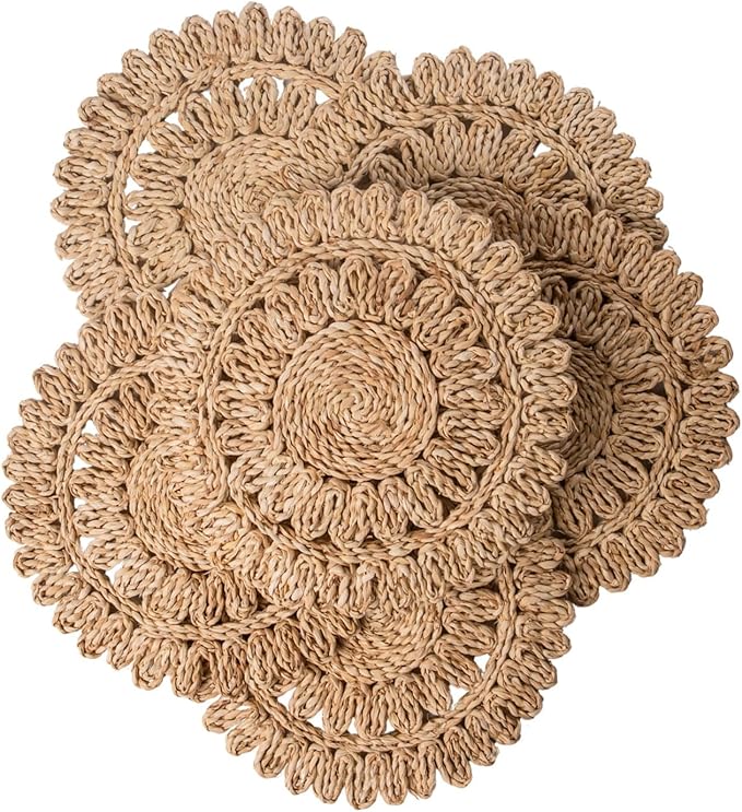 Laquedecraft 11.8" Set of 6 Round Corn Husk Placemats | Boho Woven Rattan Table Mats | Farmhouse Wicker Spring Plate Chargers Like Water Hyacinth, Seagrass for Wedding, Party, Christmas, Events