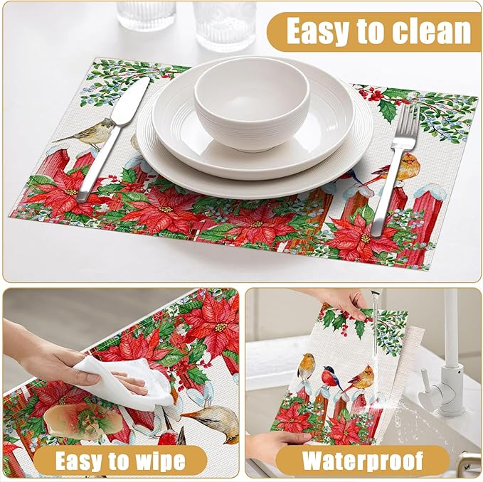 Christmas Birds Placemats Set of 6, Winter Red Cherry Linen Place Mat Washable Stain Resistant Table Mats for Farmhouse Kitchen Dining Party Wedding Decor 12x18 Inch