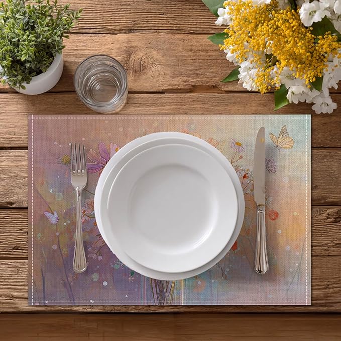 HOMETITUTE Placemats Set of 4 12x18 inch Spring Table Mats for Dining Table Floral Bouquet Linen Placemats Farmhouse Decorations Kitchen Decor Desk Mat for Outdoor Home Party Kitchen Seasonal Dining