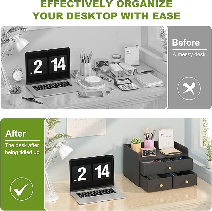 Bamboo Desk Organizer with Drawers Wooden Desktop Storage Drawers for Bills Office Supplies Kitchen Utensils Organizing Tool for Home Classroom Organization No Assembly (Black, 3 Drawers)