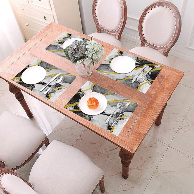 Black White and Gold Marble Linen Placemats Set of 4, Modern Luxury Washable Non-Slip Heat-Resistant Durable Kitchen Table Mats for Dining Table, Luxury Home Kitchen Decor Essential, Black Grey Gold