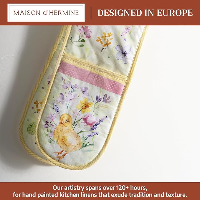 Maison d' Hermine Double Oven Mitts 100% Cotton 7"x35" Double Oven Mitt Heat Resistant BBQ Cooking Gloves with Loop Baking Grilling Gifts for Mothers Day Spring Summer (Easter Zest)