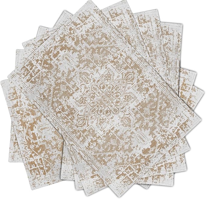 aportt Gray Khaki Boho Placemats Set of 6 Ethnic Bohemian Carpet Place Mats Washable Kitchen Dining Vintage Grey Geography Floral Linen Table Mats Stain Heat-Resistant for Home Party Indoor 12x18 in