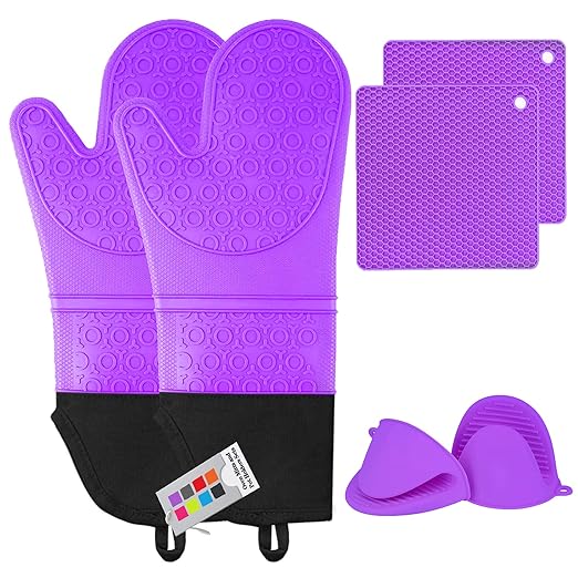 Silicone Oven Mitts and Pot Holders Sets, MTZRFLL Extra Long Heat Resistant Oven Gloves with Hot Pads and Mini Oven Mits Set for Kitchen Cooking Baking, Soft Quilted Lining, Pack of 6 (Purple)
