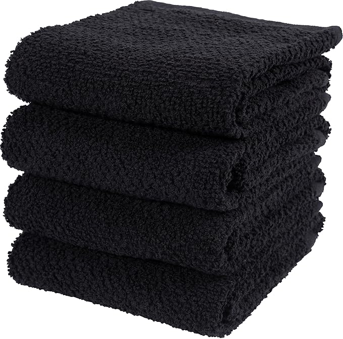 KAF Home Set of 4 Deluxe Popcorn Terry Kitchen Towels | 20 x 30 Inches | 100% Cotton Kitchen Dish Towels (Black)
