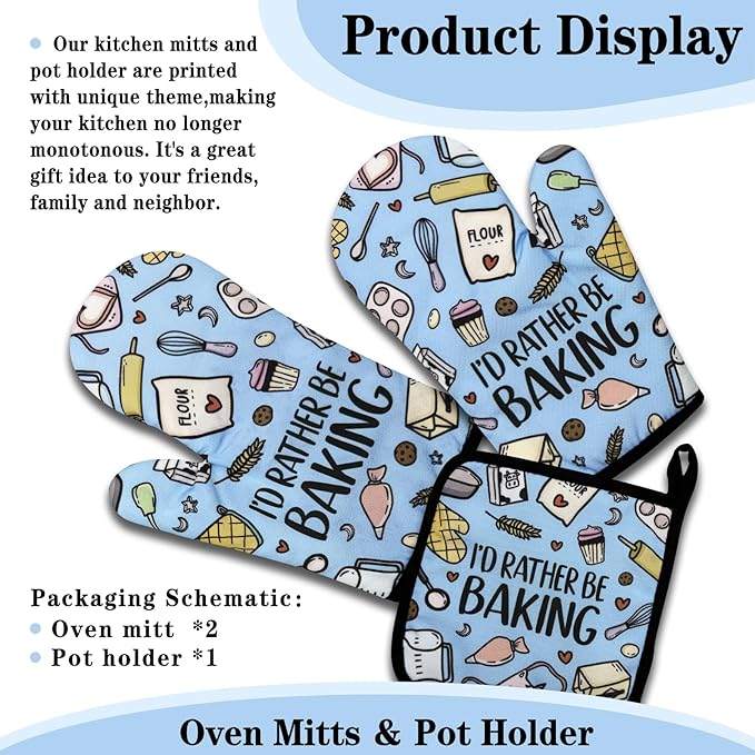 Funny Oven Mitts and Pot Holders Set of 3, I'd Rather Be Baking, Heat Resistant Non-Slip Kitchen Mitts Hot Pads, Bake Lovers Gifts, Sweet Housewarming Gifts for Women Hostess Mom Wife Baker