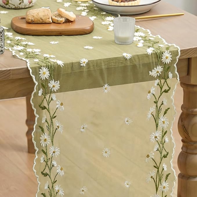 Artoid Mode Daisy Floral Fern Green Shaped Gauze Embroidery Table Runner 120 Inch 10FT, Tulle Spring Summer Kitchen Dining Table Decor for Home Party