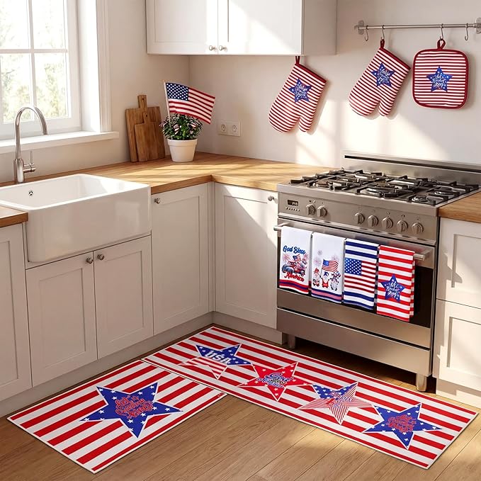 VitalCozy 10 Pcs Patriotic Kitchen Decor Set 4th of July Kitchen Towels and Rugs Pot Holders Oven Mitts Set for Independence Day Gift Cooking Baking Grilling Housewarming