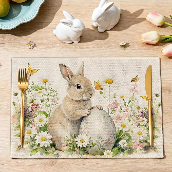 Easter Placemats Set of 4 12x18 inch for Dinning Table, Easter Decor for Party, Home - Bunny and Tulips Farmhouse Table Mat Spring Decroations