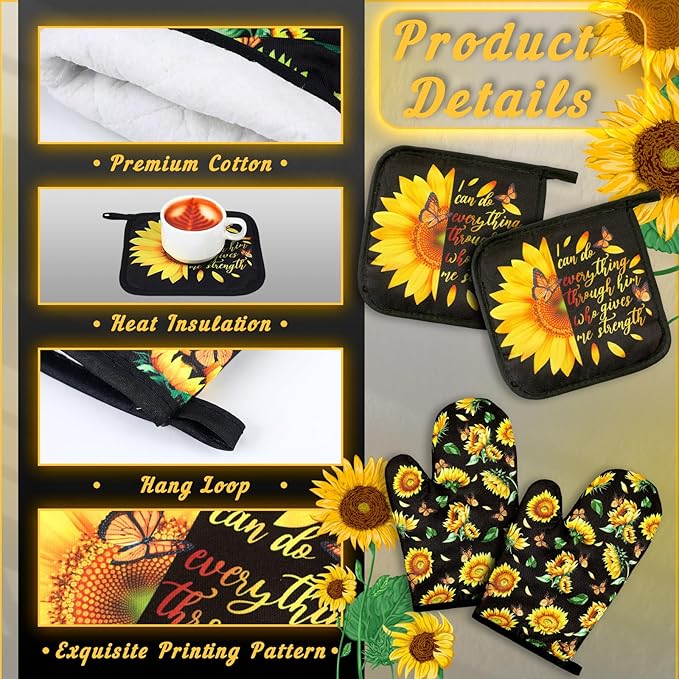 Bencailor 6 Pcs Spring Kitchen Decor Sunflower Pot Holders and Oven Mitts Sets Yellow Kitchen Towel 2 Farmhouse Cooking Mittens for Cooking Grilling Supply Accessories(Black,Sunflower)