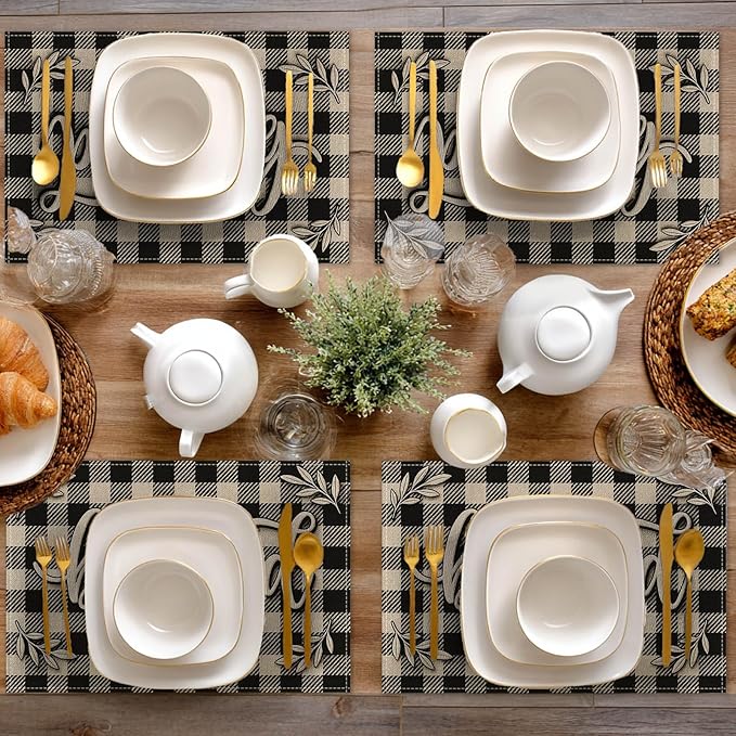 HOMETITUTE Blessed Placemats Set of 4 Linen 12x18 Inch Washable Table Mats Black and White Buffalo Plaid Rustic Farmhouse Place Mats Decorative Kitchen Dining Table Party Holiday Home Decor